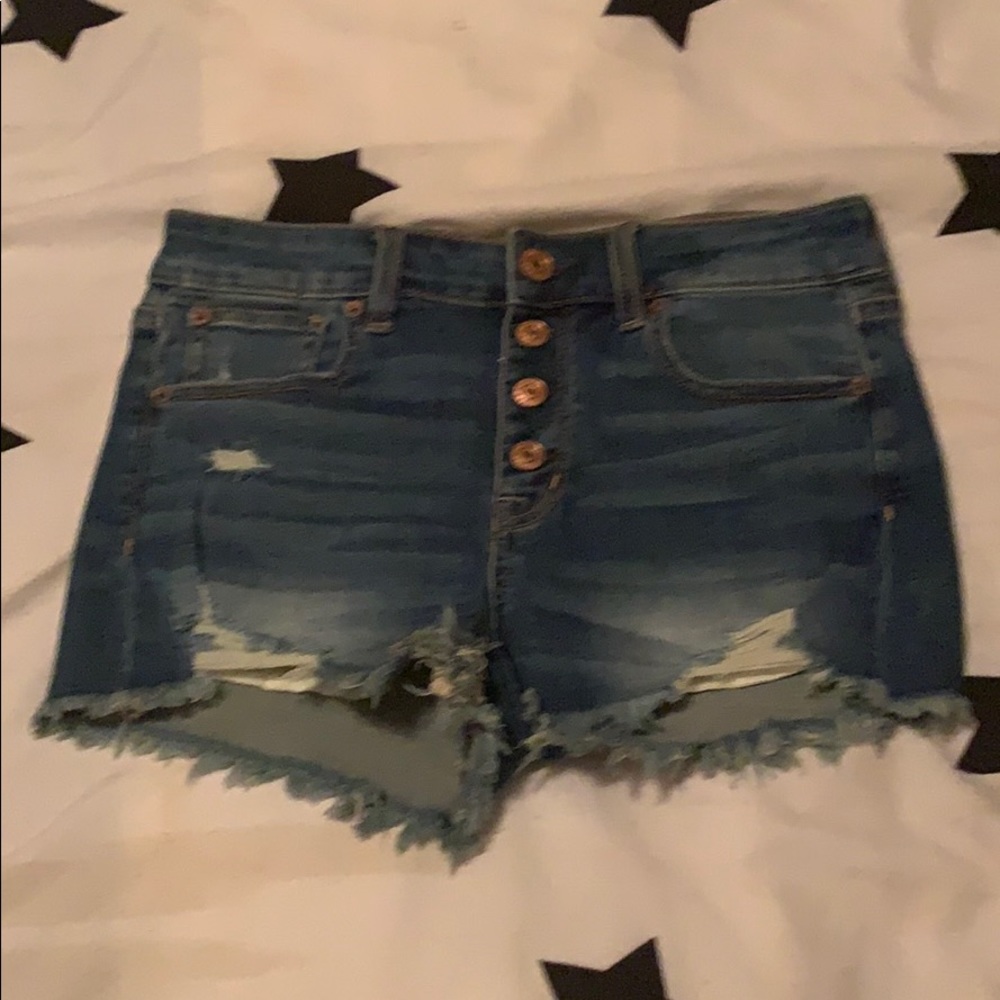 button up medium wash jean shorts